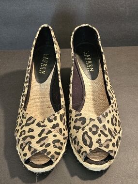 Lauren Ralph Lauren Leopard Print Peep-Toe Espadrille Wedges - Beige/Black